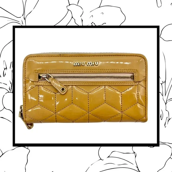 Miu Miu Quilted Patent Leather Zip-Around Wallet in Tan/Yellow - Picture 1 of 4